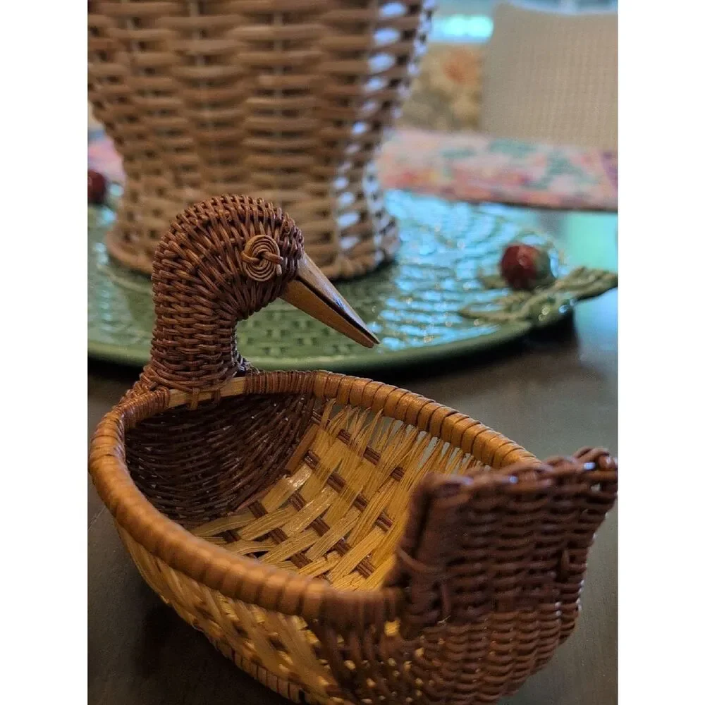 Vintage Handwoven Brown Wicker Duck Baskets Set of 2